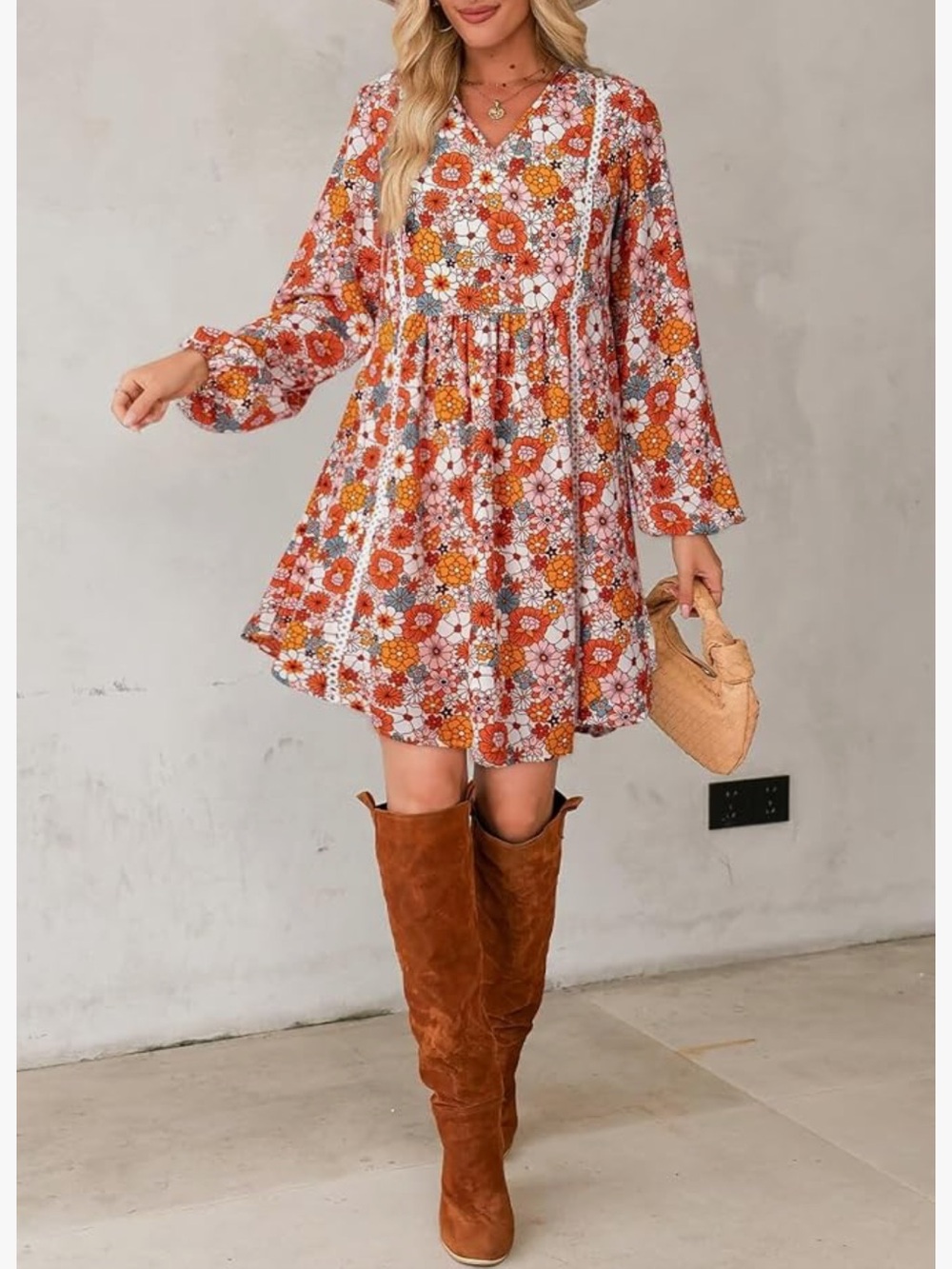 Boho Floral V-Neck Prairie Mini Dress Indie Cottagecore XL - Picture 2 of 13
